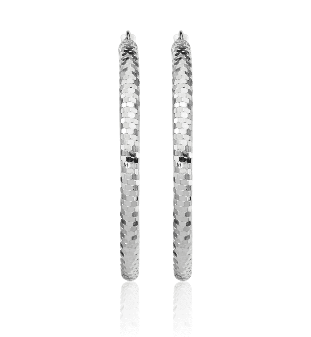 14K Solid White Gold Round Large Hoop Earrings