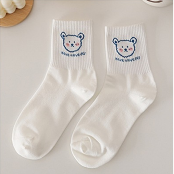 6 Pairs of Medium Tube Socks, Bear Socks Women, Spring And Autumn All-Match Breathable Deodorant Cotton Socks Cute College Style Japanese Women'S Socks,Blue Bear