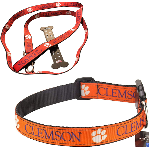 Brand New Clemson Small Pet Dog Collar(1 Inch Wide, 8-14 Inch Long), and Small Leash(5/8 Inch Wide, 6 Feet Long) Bundle, Official Tigers Logo/ Orange Color