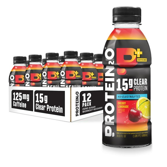 Protein2o 15g Whey Protein Isolate Hydration Drink Plus Energy & Focus, 350mg of Electrolytes, 125mg of Caffeine, Sugar Free, Cherry Lemonade, 16.9 oz Bottle (Pack of 12)