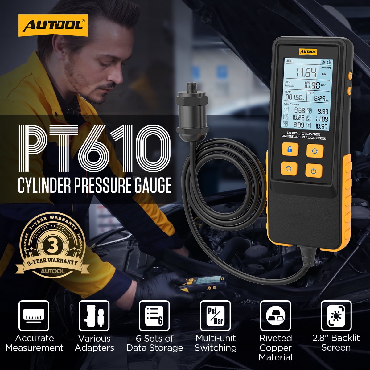 AUTOOL PT610 Digital Cylinder Compression Pressure Tester, 0-426PSI 0~29bar Auto Petrol Engine Gauge Tool Kit with Adapters & Hoses