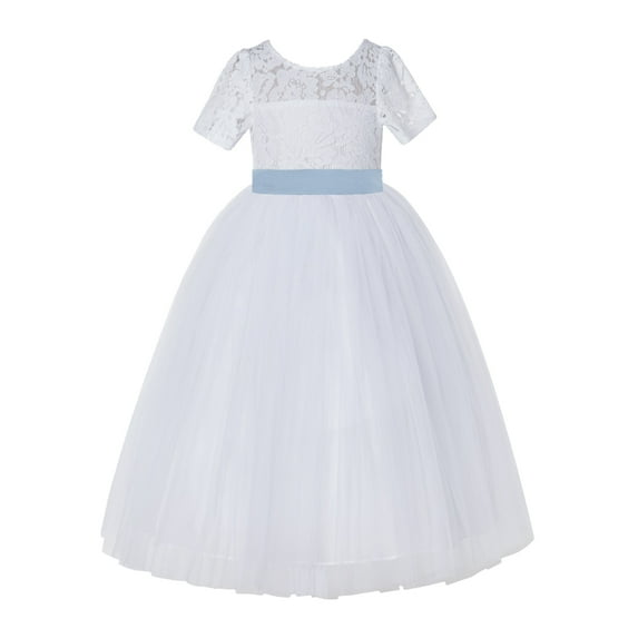 White Floral Lace Tulle Flower Girl Dress Junior Ceremonial Gown LG2R