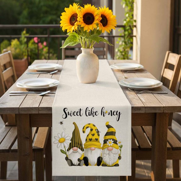 Rustic Gnome Daisy Flower Bee Table Runner 36 Inches Long,Kitchen Dining Tablerunners Farm Sweet Honey Text on Burlap Linen Table Runners Dresser Scarves for Home Dinner Wedding Holiday Party Decor