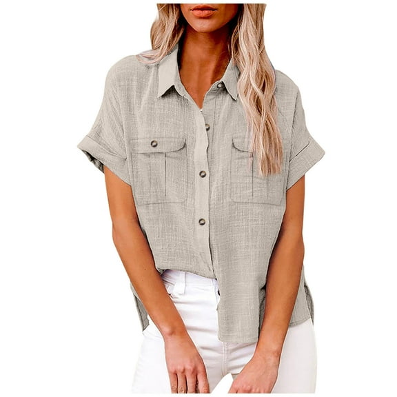 DOSUKRAI Womens Linen Top Plus,Womens Short Sleeve Button up Shirts Summer Cotton Linen Blouse V Neck Collared Tops Loose Casual Ladies Clothes Khaki,XL
