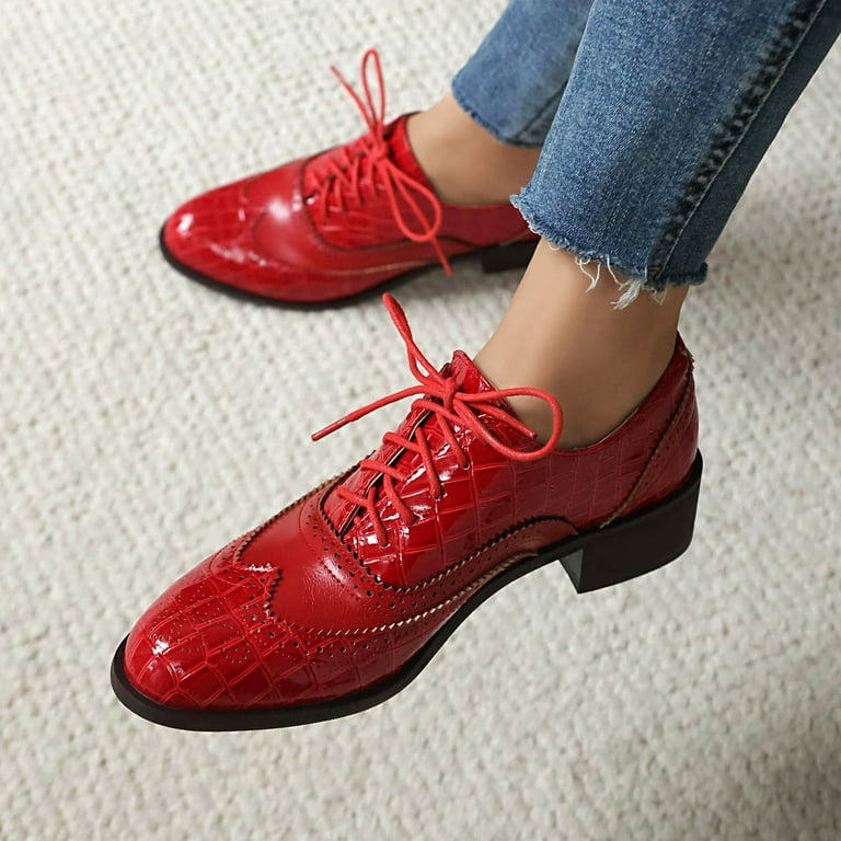 red dress shoes ladies Oxford Shoes for Women Lace up Wingtip Vintage Pattern Leather Low Heel  Pumps Shoes Business Work Casual Dress Shoes Green Size 10