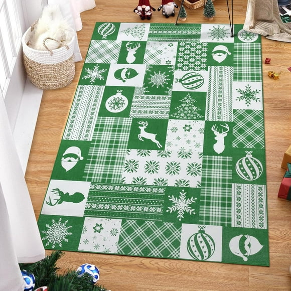 Queilt 1pcs Christmas Decoration Rug Buffalo Green Rug Indoor Rug Snowflake Elk Soft Carpet Moroccan Rug Geometric Non-Slip Floor Mat Area Rugs for Living Room Bedroom Hallway