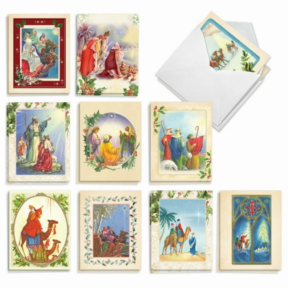 20 Merry Christmas Note Cards Pack (10 Designs, 2 Each) - Vintage Wise Men (4" x 5.12") AM8845XSG-B2x10
