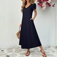 thumbnail image 5 of Wedding Guest Dresses for Women, Women's Summer Sexy Fashion Solid Color Pocket Ruffle Short Sleeve V-Neck Dress(Navy,M), 5 of 8
