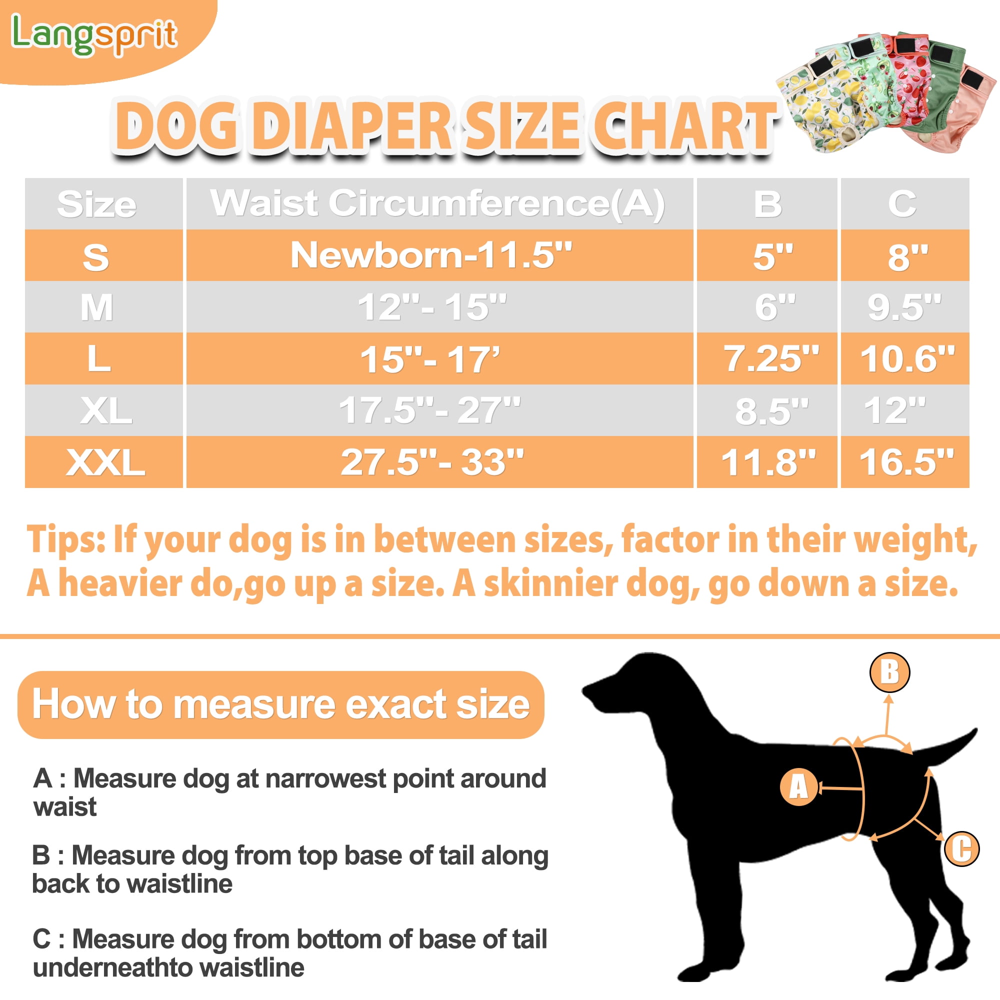 Langsprit Washable Female Dog Diapers (5 Pack) - No Leak Reusable Diapers for Doggy Female in Period - Highly Absorbent Dog Heat Panties with Adjustable Snaps,Fruit,M