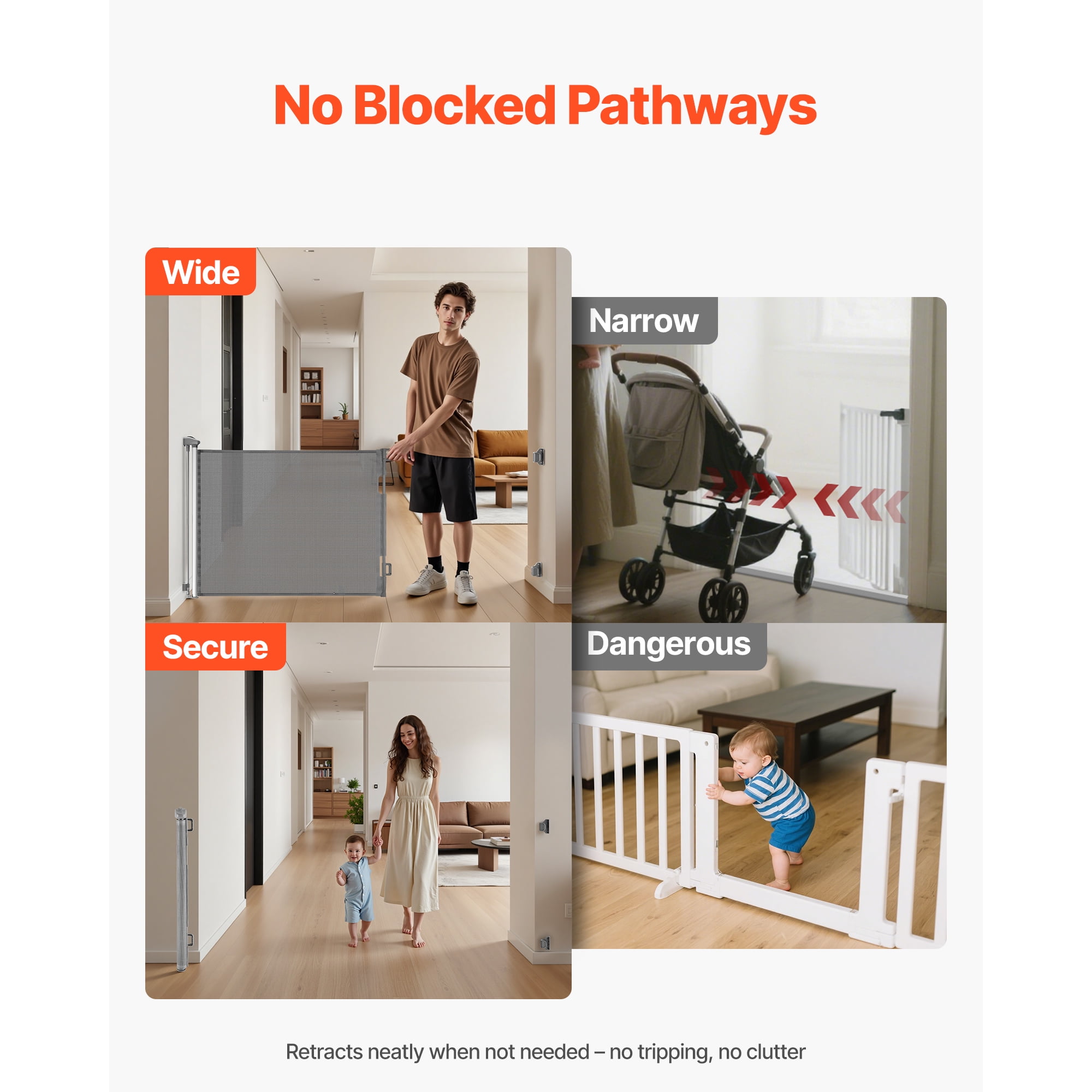 KFFKFF Retractable Baby Gate, Expands to 72.8 Inches Wide and 31.3 Inches Tall, Features Safety Lock, Convenient Operation, Trip-Free Design, Mesh Pet Barrier for Stairs, Hallways, Indoor/Outdoor Use