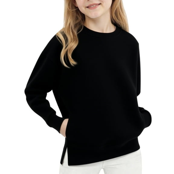 Ruyang Girls Plain Preppy Sweatshirts Side Pockets Teens Y2K Trendy Sweatshirt Long Sleeve Crewneck Pullover Tops Fall