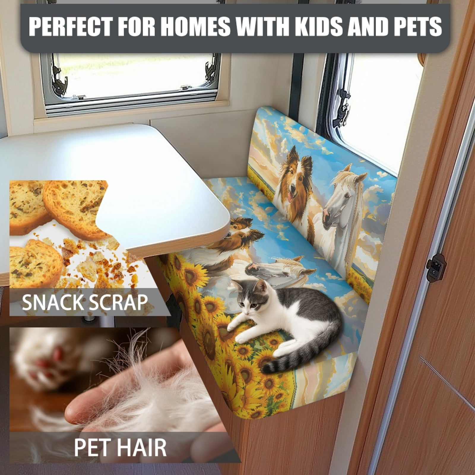 Kuiaobaty RV Dinette Cushions Covers RV Stretch Sofa Seat Slipcovers with 1 Backrest Cover & 1 Bench Cover Home & Kitchen Accessories for RV, Blue Sky Sheltie Dog Horse Sunflower Pattern