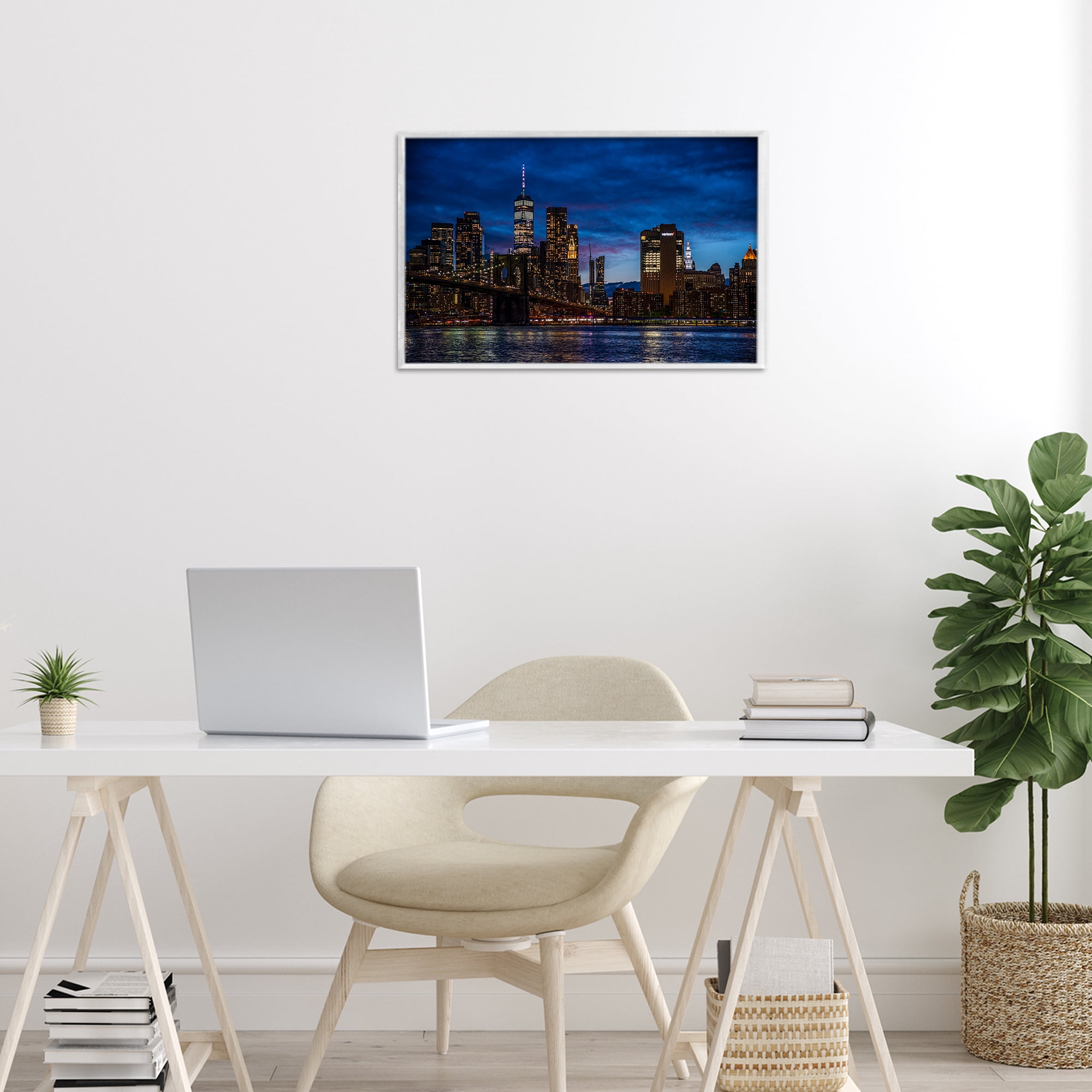 Stupell Industries Brooklyn Bridge at Night White Framed Giclee Art, design by Tim West