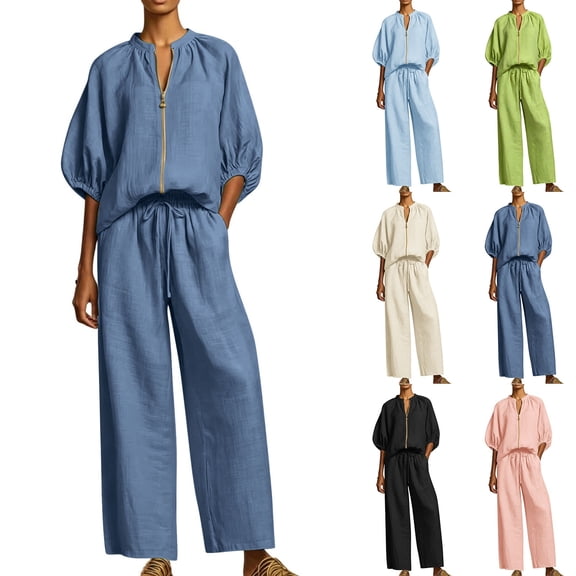 Women's Zipper Shirt Wide Leg Pants Two Piece Set Loose Half Sleeved Shirt Straight Leg Pants Summer Set Navy XL(XL)
