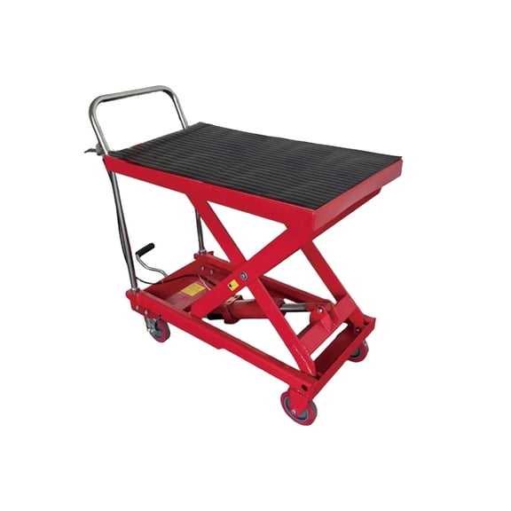 500lbs capacity hydraulic cart, 28.5" lift height, single scissor, 4 wheels, non-slip pad, thickened design for material transport, red.
