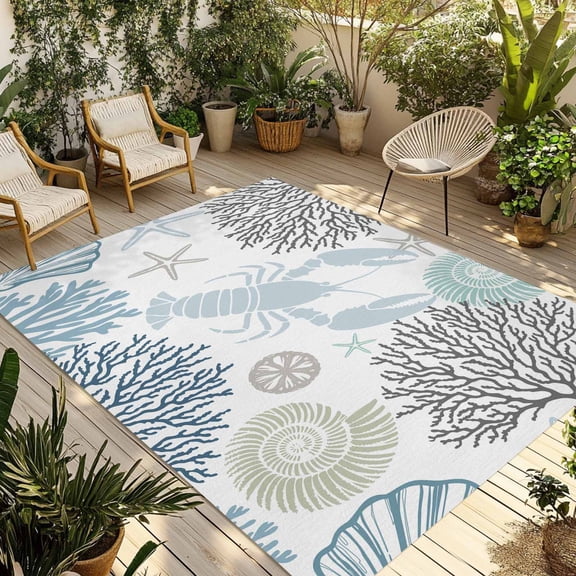 Blue Beige Coastal Outdoor Rug 3x5 Ft - Reversible Patio Rug Outdoor Camping Rugs, Summer Lobster Coral Nautical Washable Indoor Outdoor Area Rugs, Non-Slip Outdoor Carpet Runner for Deck/Porch