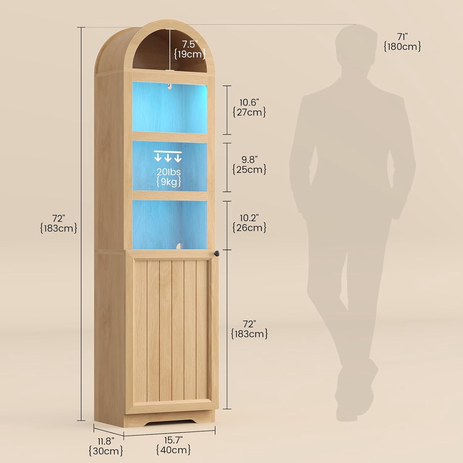 72" Tall Arched Narrow Bathroom Storage Cabinet with Lights, Slim Storage Cabinet with Adjustable Shelves for Small Spaces, Oak