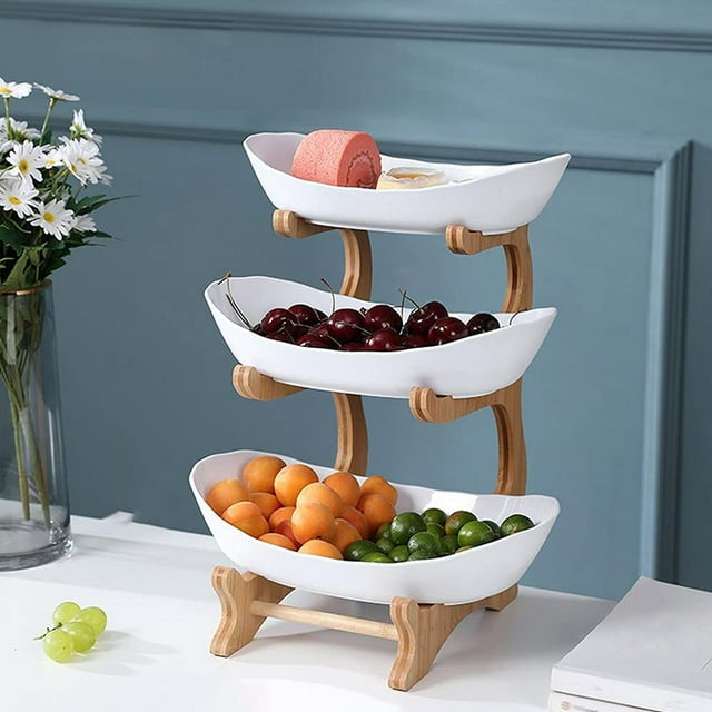 Tier Fruit Basket, 3 Tier Ceramic Fruit Rack With Natural Bamboo Stand For Fruits, Cakes, Candy 35*15Cm (White)