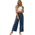 thumbnail image 6 of Miluxas Womens Solid Wide Leg Ankle Pants Elastic High Waisted Straight Leg Cropped Pants with Pockets Work office Dressy Trousers Streetwear Blue, 6 of 8