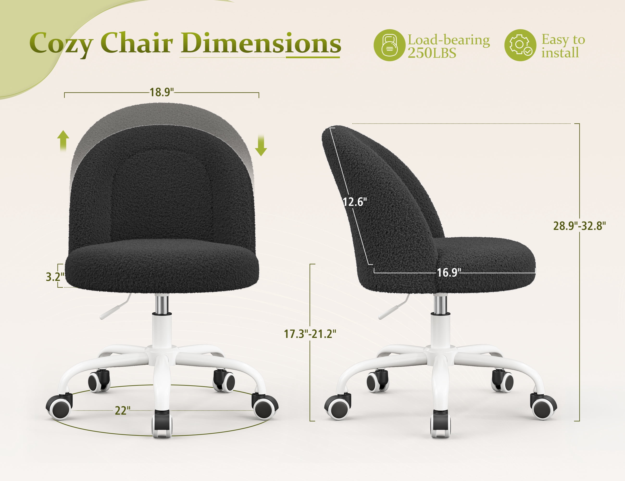 Romorgniz Vanity Chair Height Adjustable Desk Chair with Wheels, Armless Office Chair with Soft Lumbar Support for Small Space, Bedroom, Home office, Black