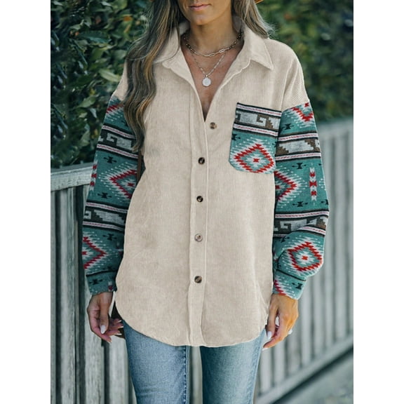 Women's Button-Up Corduroy Shirt with Aztec Print Pocket and Sleeves - Small, Beige