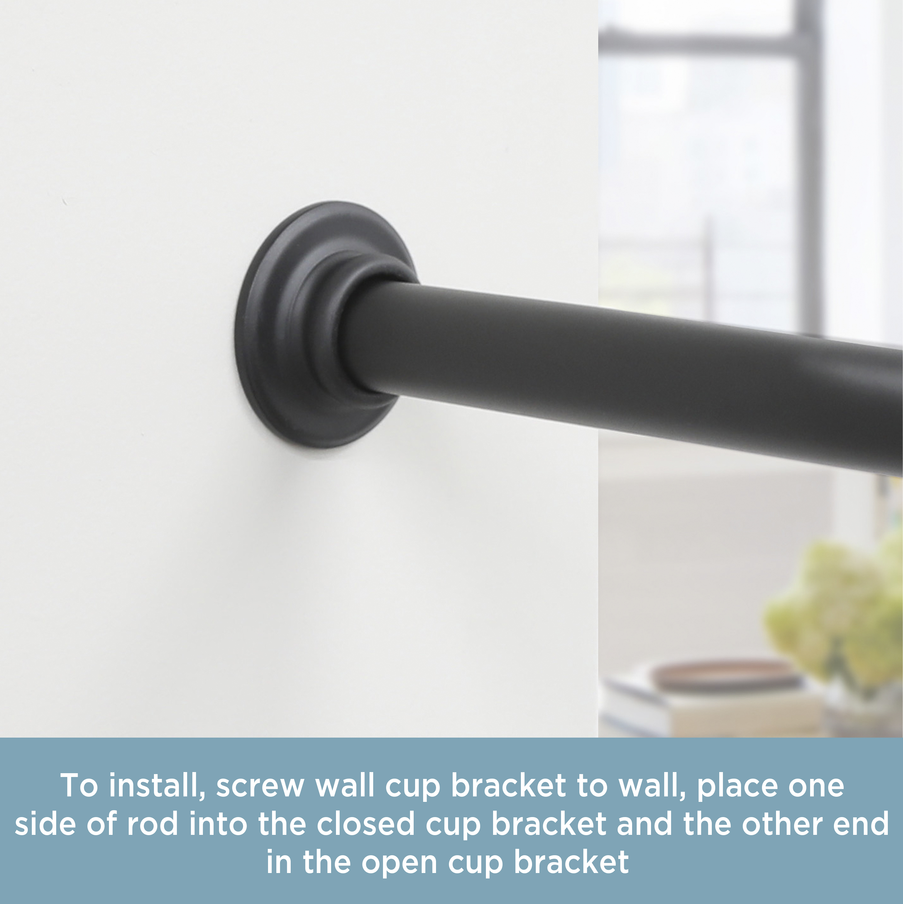 Kenney 5/8-3/4" Diameter Curtain Rod Hardware Mount Wall Cup Brackets, Black, Set of 2