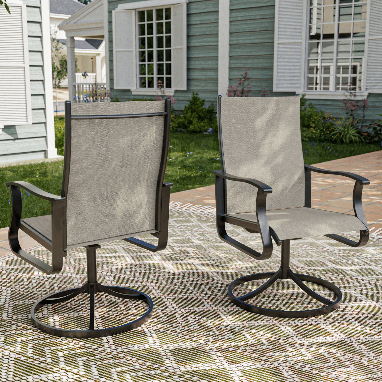 UDPATIO Low Back Outdoor Dining Chair Set of 2, 360° Swivel Patio Chair Outside for Lawn Garden Backyard Deck, Beige