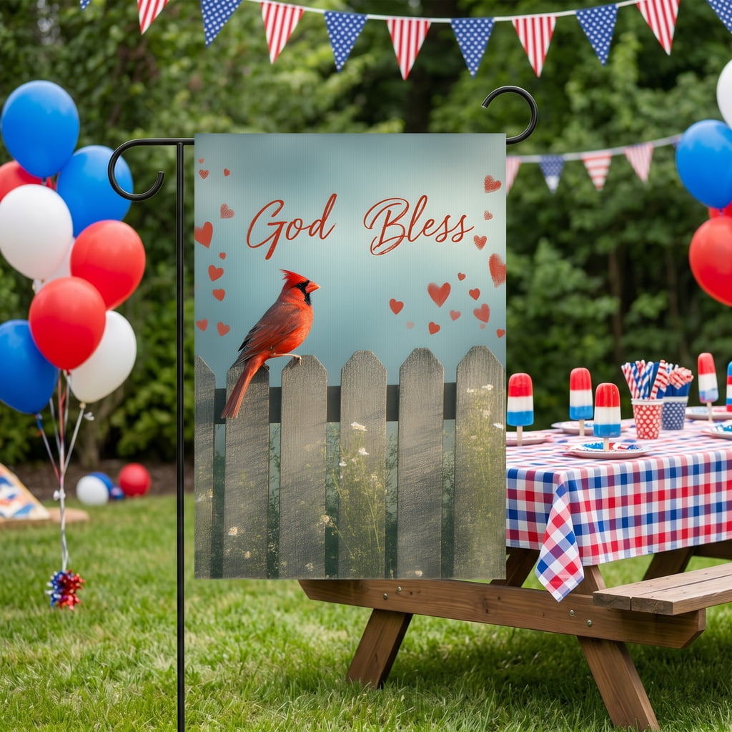 july 4th garden flag A red bird sitting on top of a wooden fence. God Bless 4th july decorations 28x40 Inch Large Format americana home decor