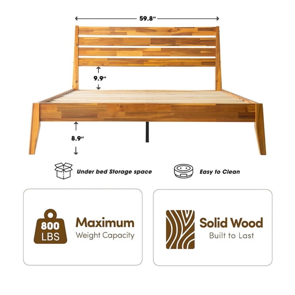 East West Furniture Queen Wooden Platform Bed Frame, Acacia Honey Finish, Morden Style
