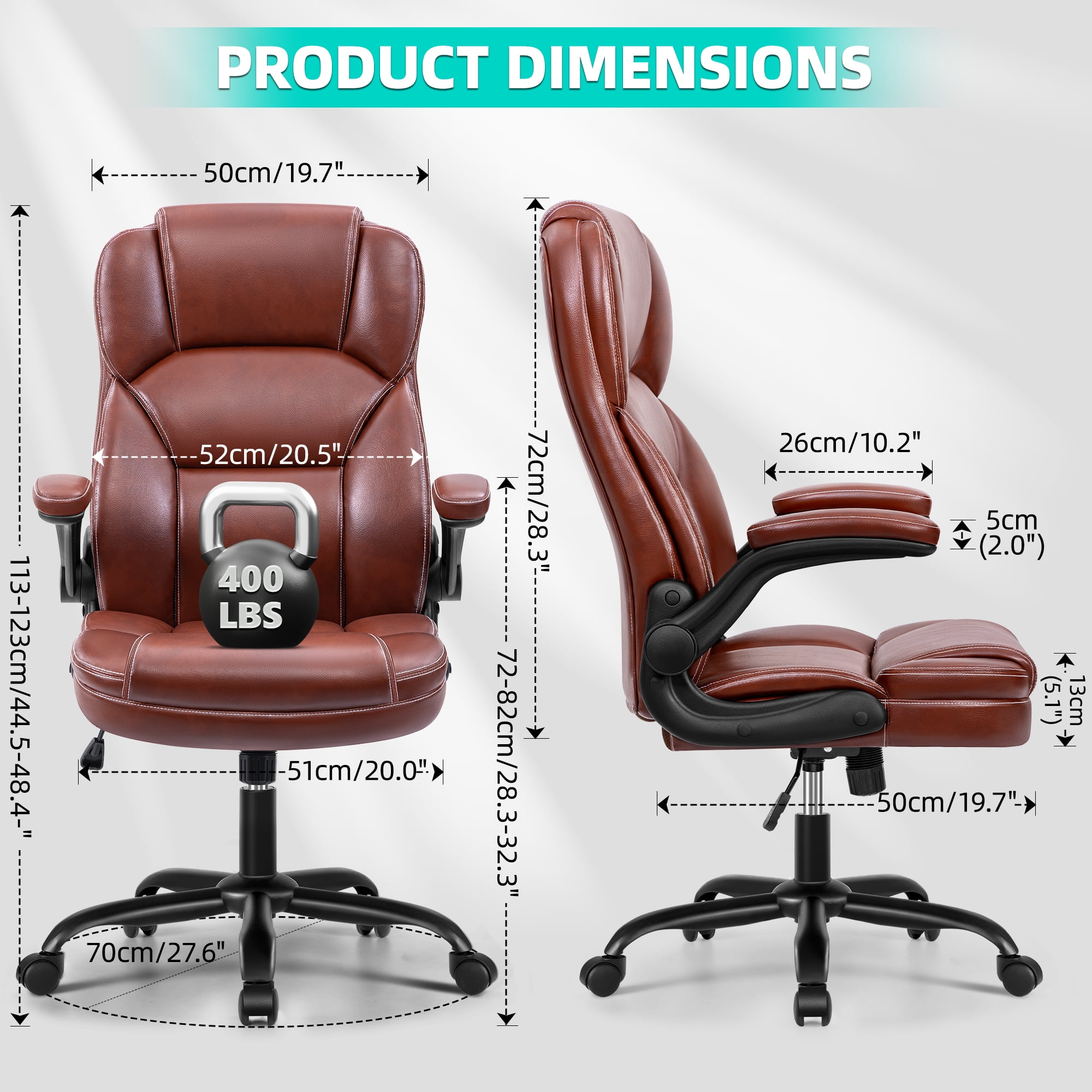COOLHUT Bige and Tall Executive Office Chair 400lbs, Ergonomic PU Leather Computer Desk Chair with Flip-Up Armrests, Comfy Heavy Duty Office Chair for Home Office Gaming, Vintage Brown
