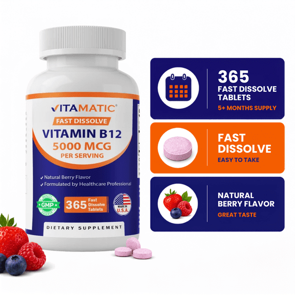Vitamatic Vitamin B12 5000 mcg per Serving Fast Dissolve 365 Tablets - Berry Flavor - Supports Energy Metabolism