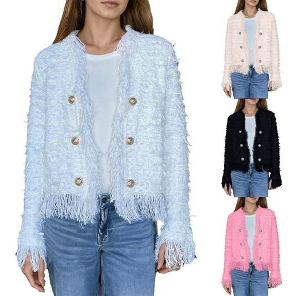 Shadoumai Womens Long Sleeve Open Front Cropped Fringe Trim Jacket Work Office Casual Blazer Fashion Fuzzy Coat Jacket