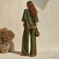 thumbnail image 6 of Szluipve Linen Sets for Women 2 Piece 2 Piece Linen Outfit Contrast Trim 3/4 Sleeve Crew Neck Top & Wide Leg Pants Set Loose Casual Beach Vacation Tracksuit Suit Blue L, 6 of 7