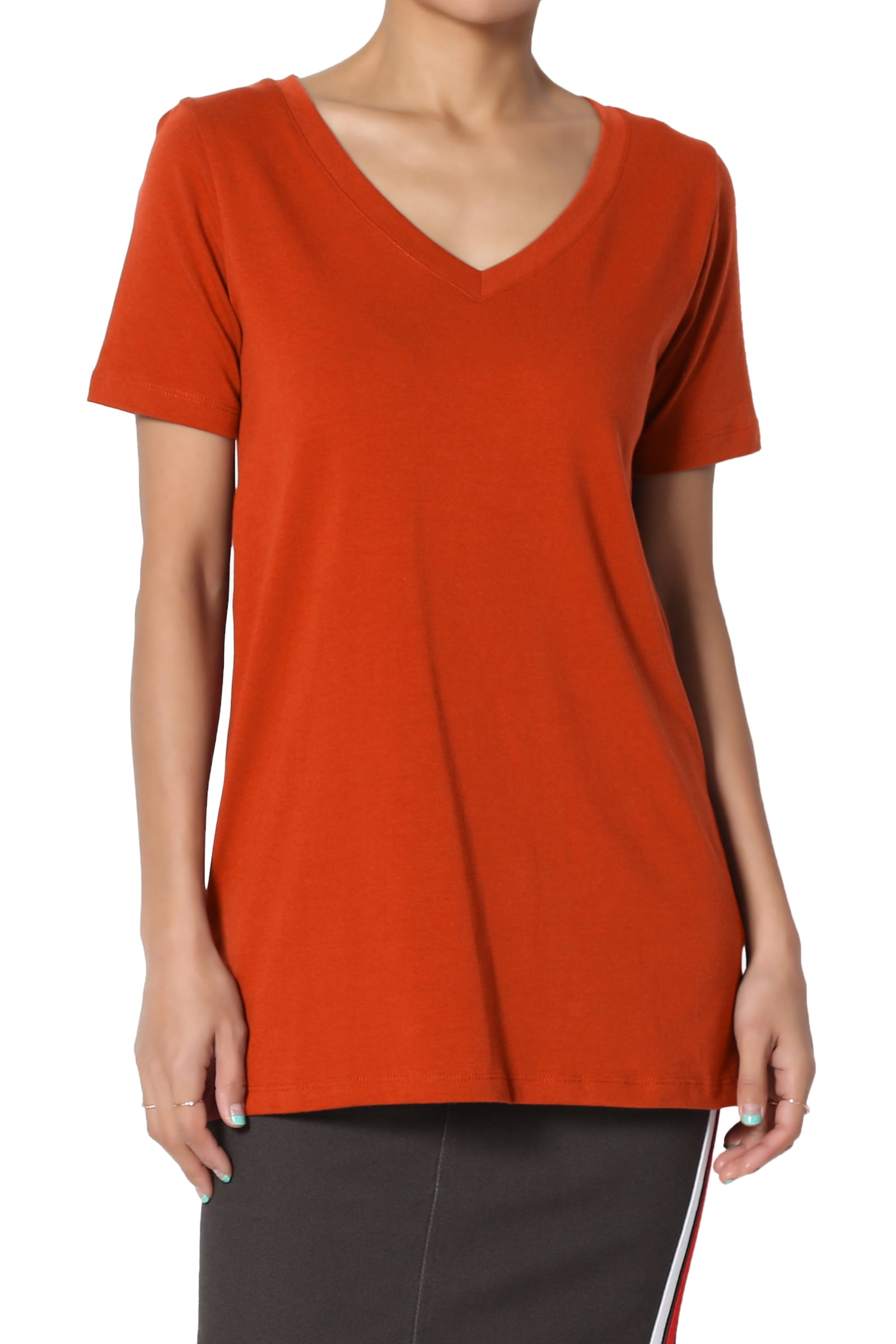 Women's Basic Cotton Span V-Neck Relxed Slim Fit Tee Tunic Length T-Shirt