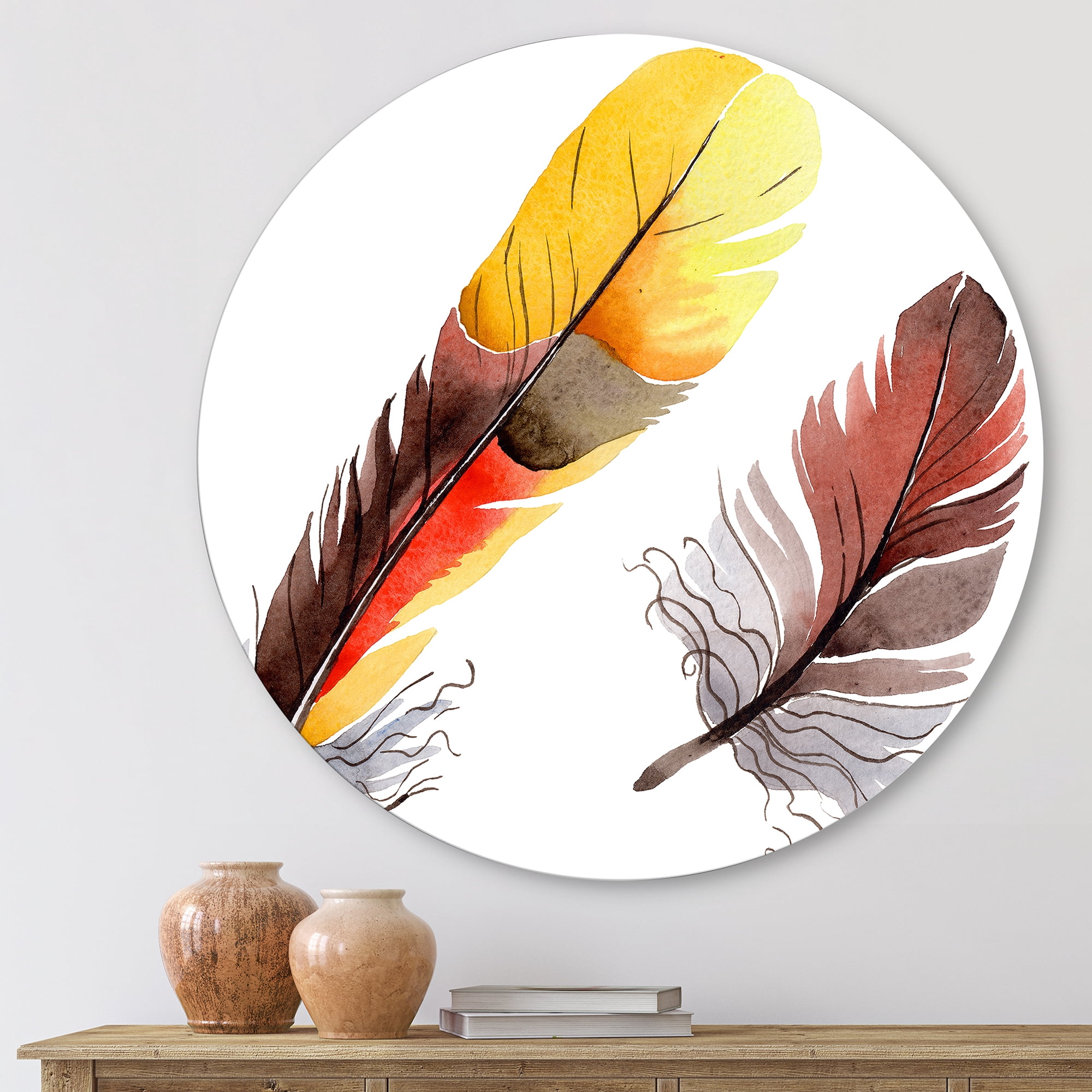 Designart 'Colourful Boho Art Feathers IV' Bohemian & Eclectic Circle Metal Wall Art 11x11 - Disc of 11