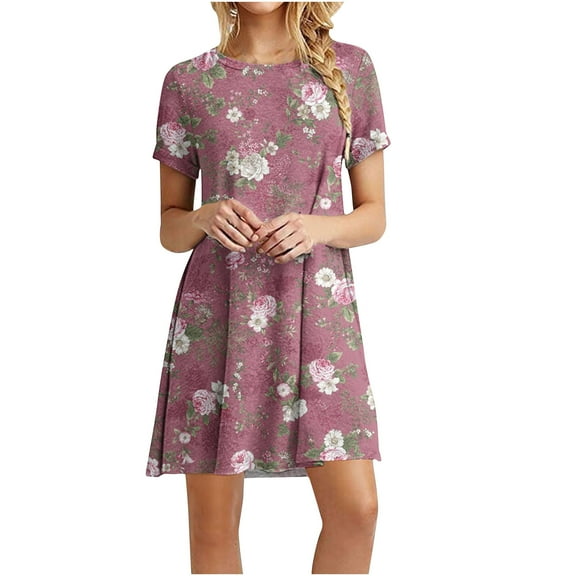 DailyTrove Women's Floral Print Fit & Flare Dress, Short Sleeve, Casual Garden & Picnic Wear, Lightweight Cotton Blend, Ruffled Hem