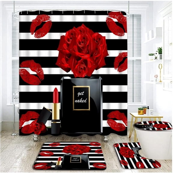 4 Piece Perfume Shower Curtain Set with Rugs, Toilet Lid Cover ,Red Rose Floral Perfume Bottle Lipstick Sexy Lip Print Black and White Stripes Modern Fashion Girls Bathroom Shower Curtain with Hooks
