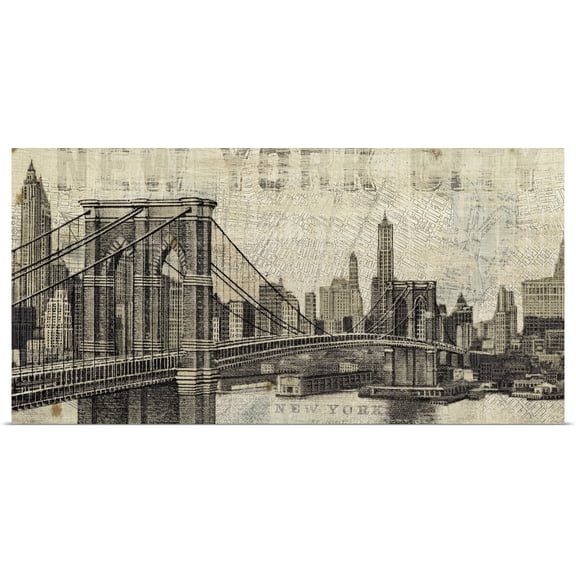 Great BIG Canvas | Rolled Michael Mullan Poster Print entitled Vintage NY Brooklyn Bridge Skyline