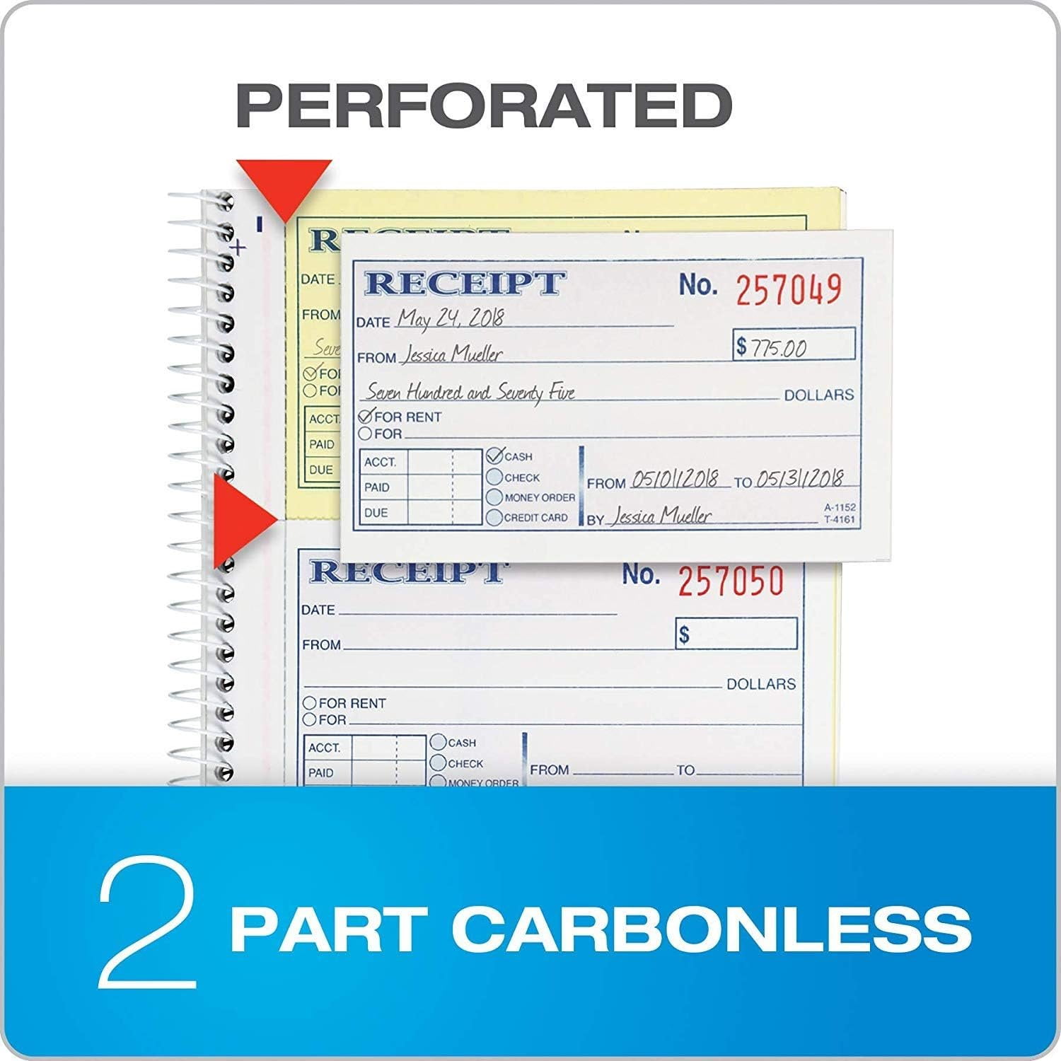 Adams Money and Rent Receipt Book, 2-Part Carbonless, 5-1/4" x 11", Spiral Bound, 200 Sets per Book, 4 Receipts per Page, Sold as 5 Pack, 1000 Sets Total SC1152