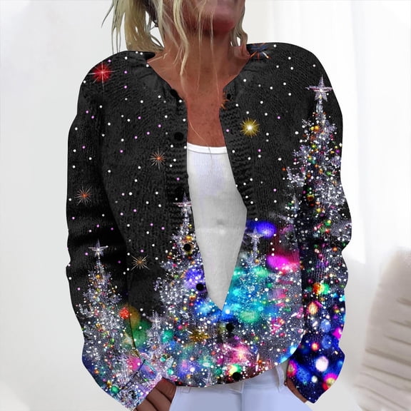 Hueook Brown Jacket Women Casual Christmas Printed Knitted Cardigan Button Up Jacket Coat Multicolor 4X