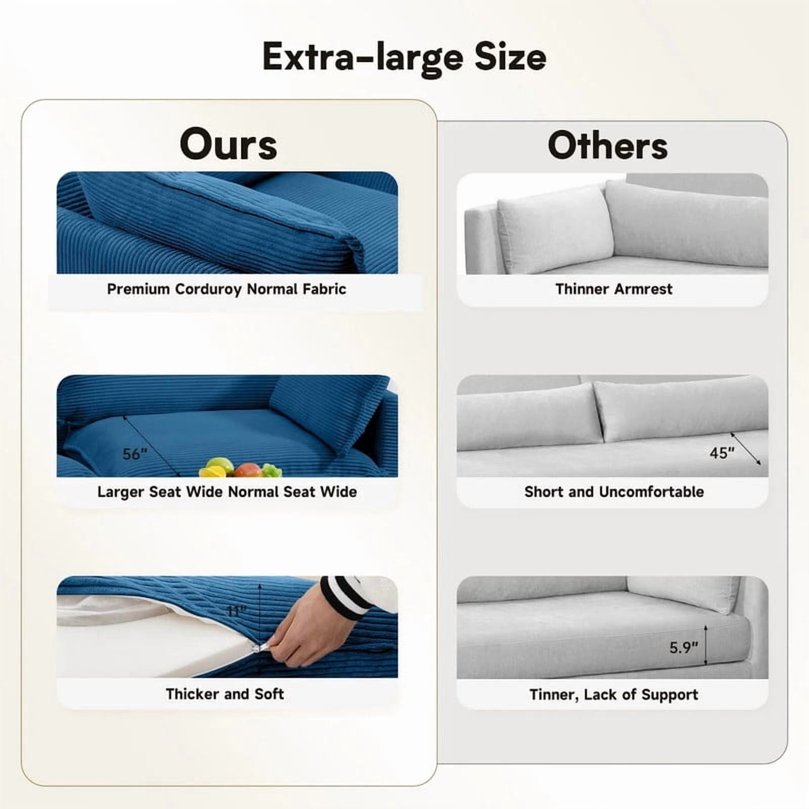 RIAFUN 2-Seat Cloud Loveseat, 78" Oversized Corduroy Modular Sofa, Convertible Deep Seat Couch with Removable Cushions & Pillows, Sturdy Wooden Frame for Living Room, Navy