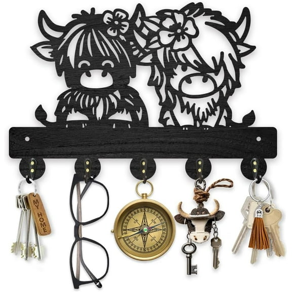 1 Set Wooden Calf with Flower Key Holder for Wall 11.8x7.8inch Small Cows Wall Mounted Key Rack Animal Theme Coat Hat Hook 5 Alloy Hooks for Entryway Front Door Hallway Wall Art Decor