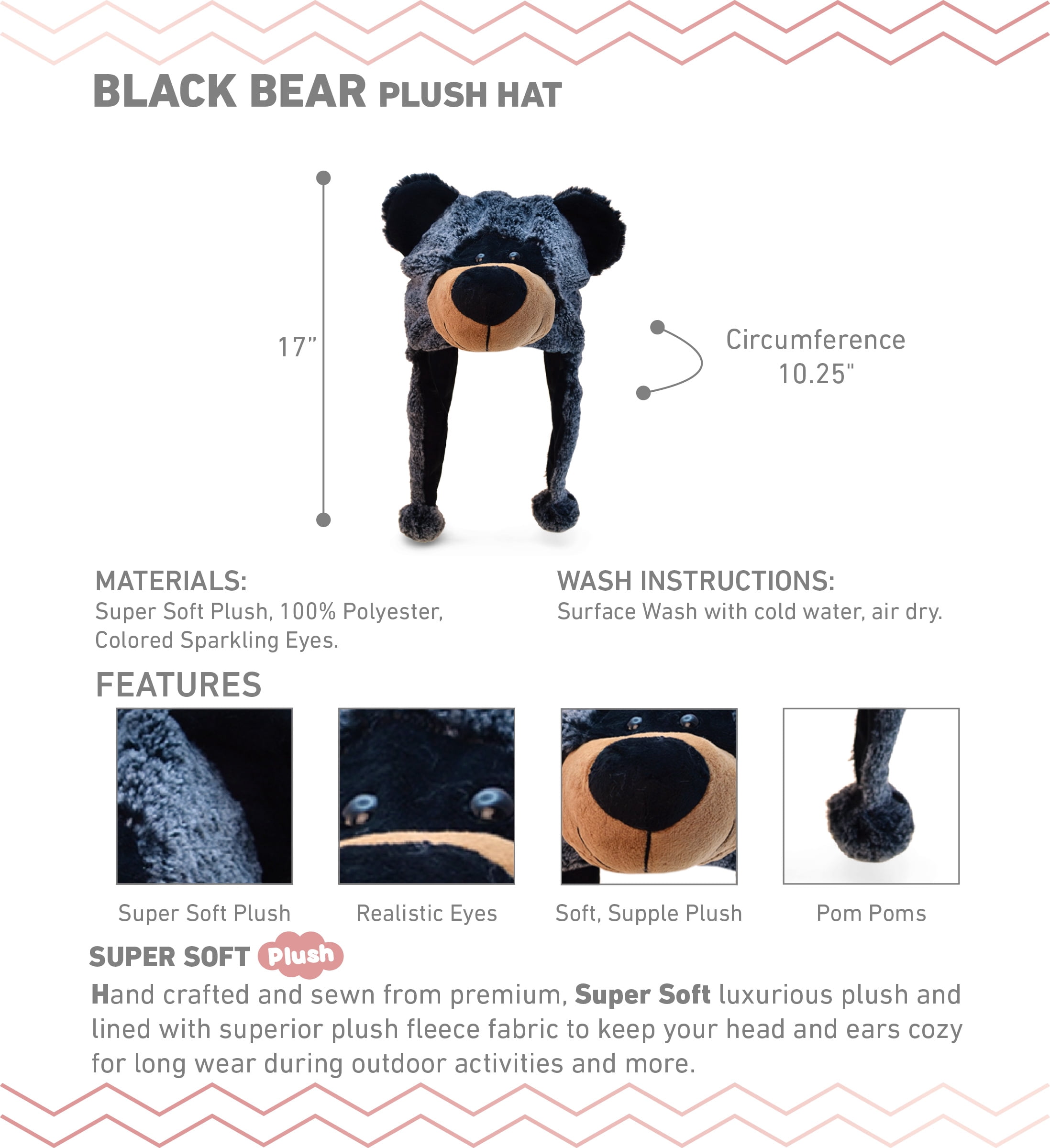DolliBu Super Soft Black Bear Plush Hat - Fluffy Stuffed Animal Bear Halloween or Cosplay Costume Toy Hat with Ear Flaps For Kids and Teens - One Size