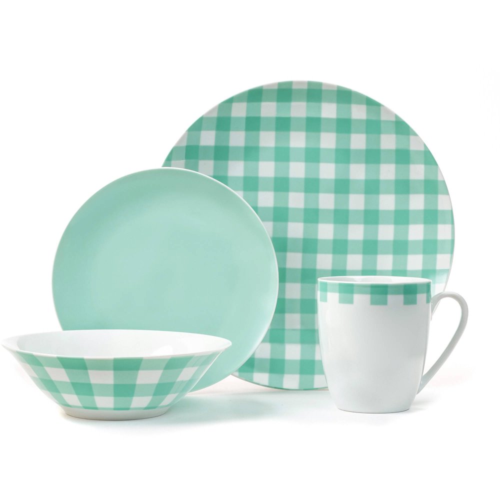 Plaid Collection 16Piece Mint Green Porcelain Dinnerware Set