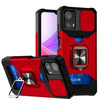 Heavy Duty Case for Motorola Moto G 5G (2024) with Camera Lens Sliding Cover Card Holder, Rugged Protection Shockproof Phone Cover with Rotate Ring Holder Stand Magnetic Car Mount, Red