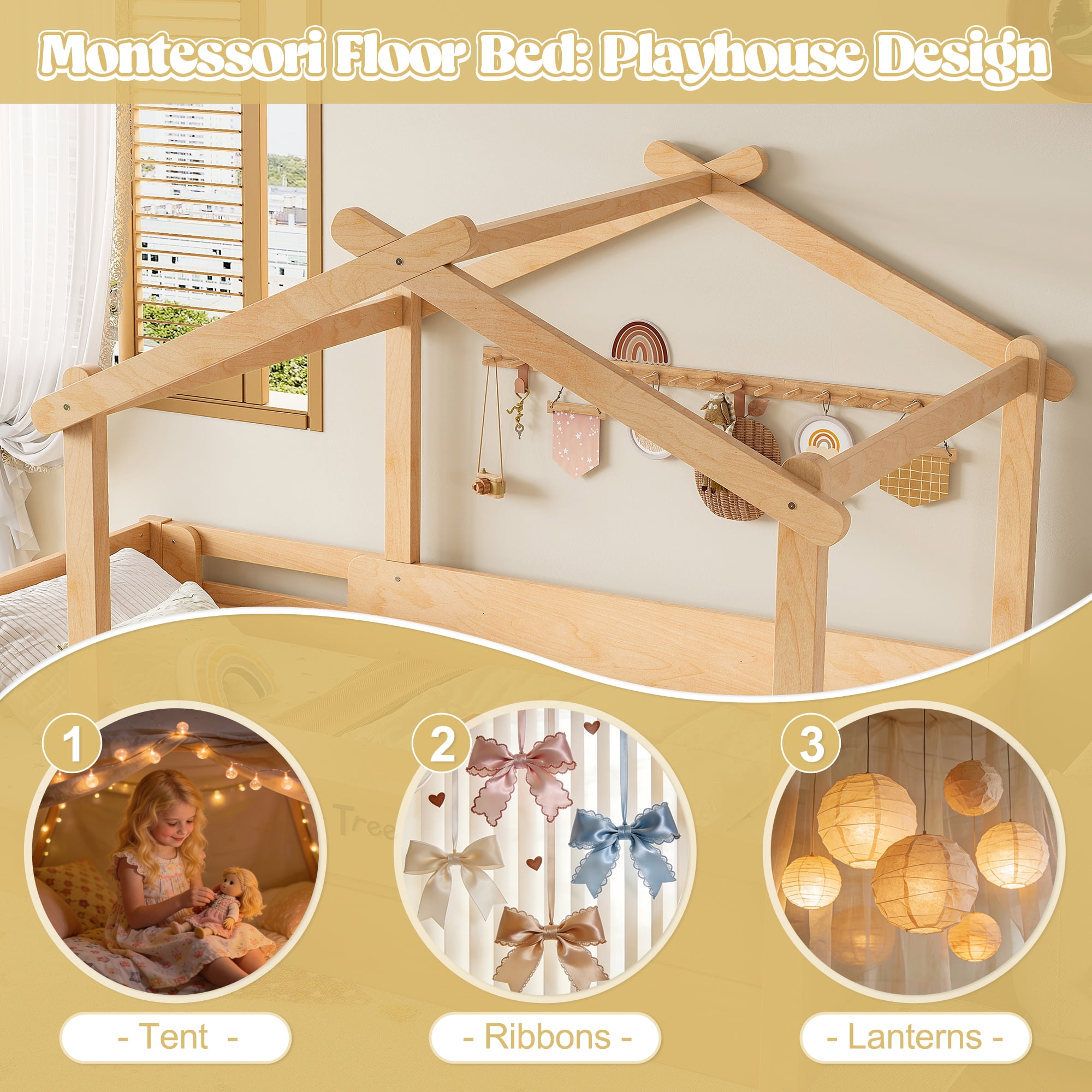 Mintazer Twin Montessori Floor Bed with Guardrails & Roof, Kids Wood House Floor Bed with Tray & Personalized Signboard for Boys and Girls, Natural