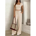 thumbnail image 5 of PRETTYGARDEN Women's 2 Piece Matching Lounge Sets Ribbed Short Sleeve Crop Tops Wide Leg Pants Summer Airport Outfits, 5 of 10