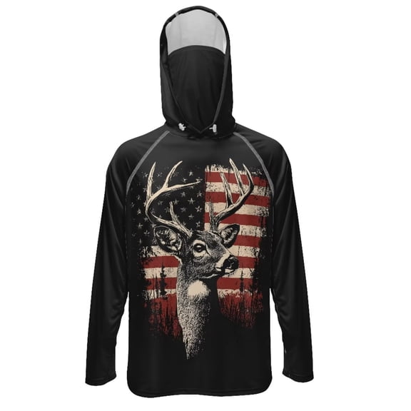 SEANATIVE Men's Outdoor Fishing Hoodie Sun Protection with Face Cover, Lightweight Portable Sun Block Top UV Protection Hooded Pullover for Travel Fishing, S, Deer American Flag