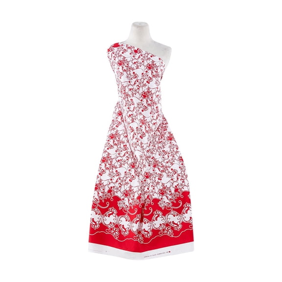 Zelouf Dbl Border Vines Motif Print On Cotton St. Poplin  , Sewing, DIY, Crafts Fabric by the Yard, White/red, 3 Yard