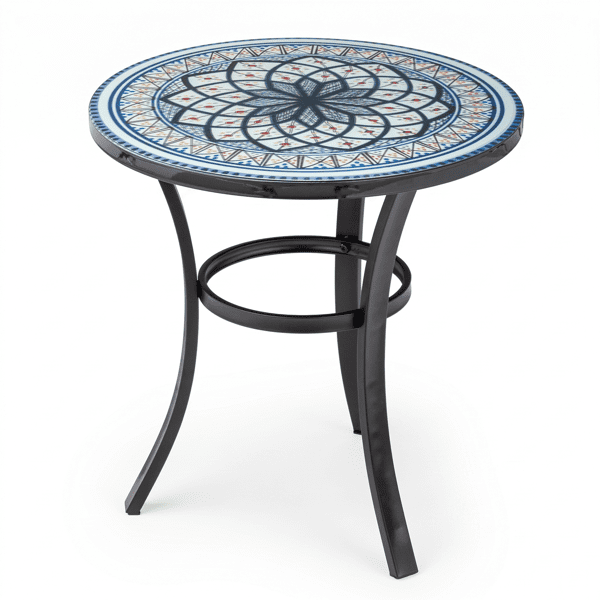 19.5 inch Side Table, Round Iron Top with Tripod Legs, Indoor Outdoor Accent End Table, Blue & White Mandala Mosaic